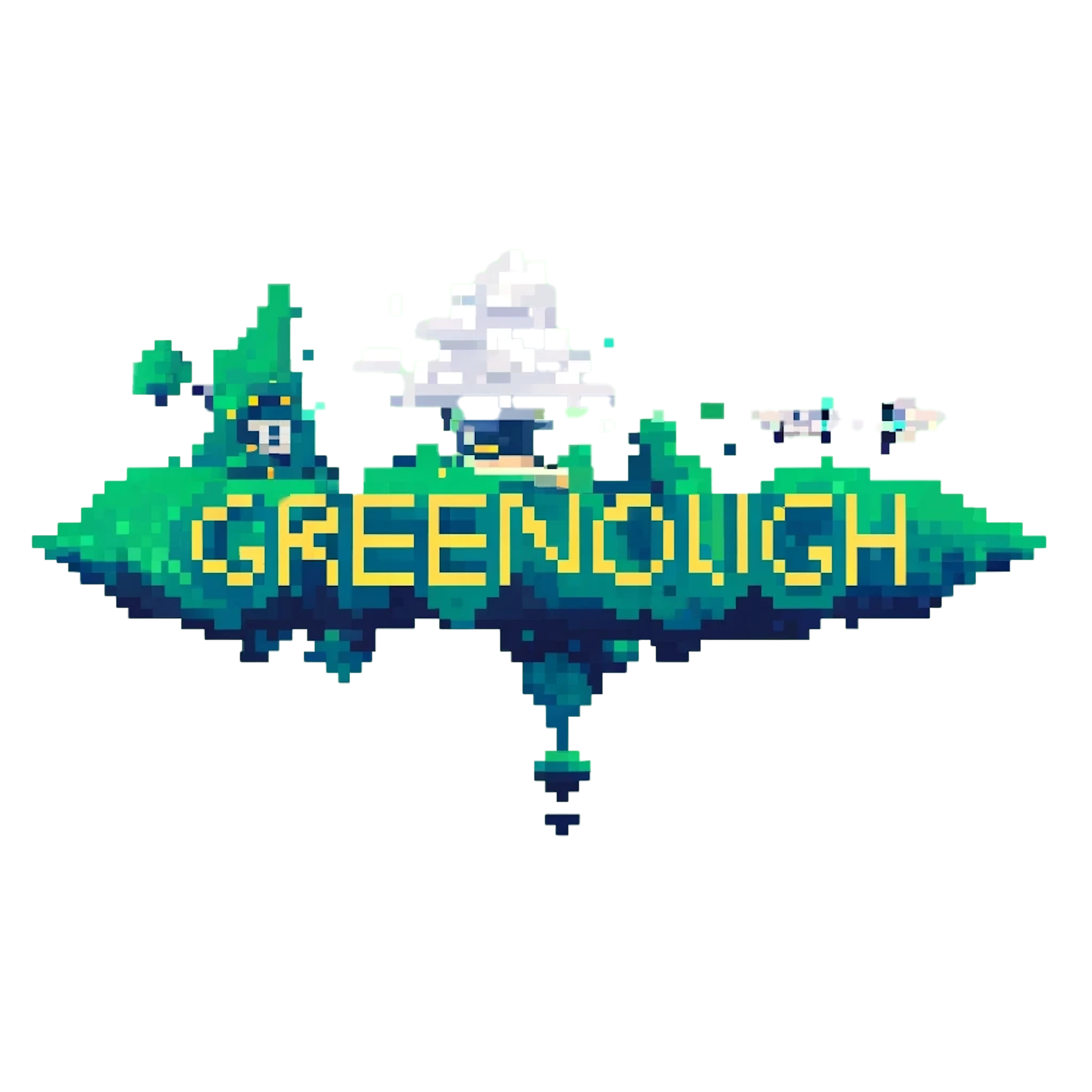 DALL·E 2024-04-02 13.37.39 - Create a surreal, pixel art logo for 'Greenough'. This design should dive into the realm of the surreal, merging elements of dreamscapes and unusual.